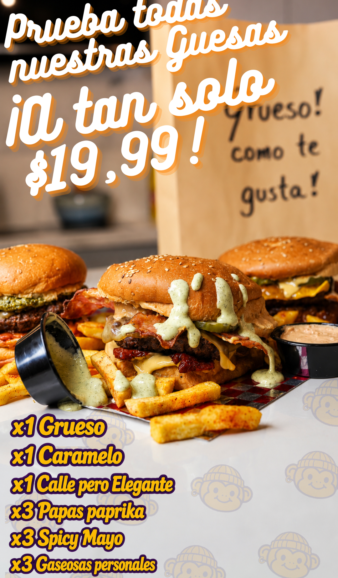 Las tres hamburguesas de Grueso con papas y salsas